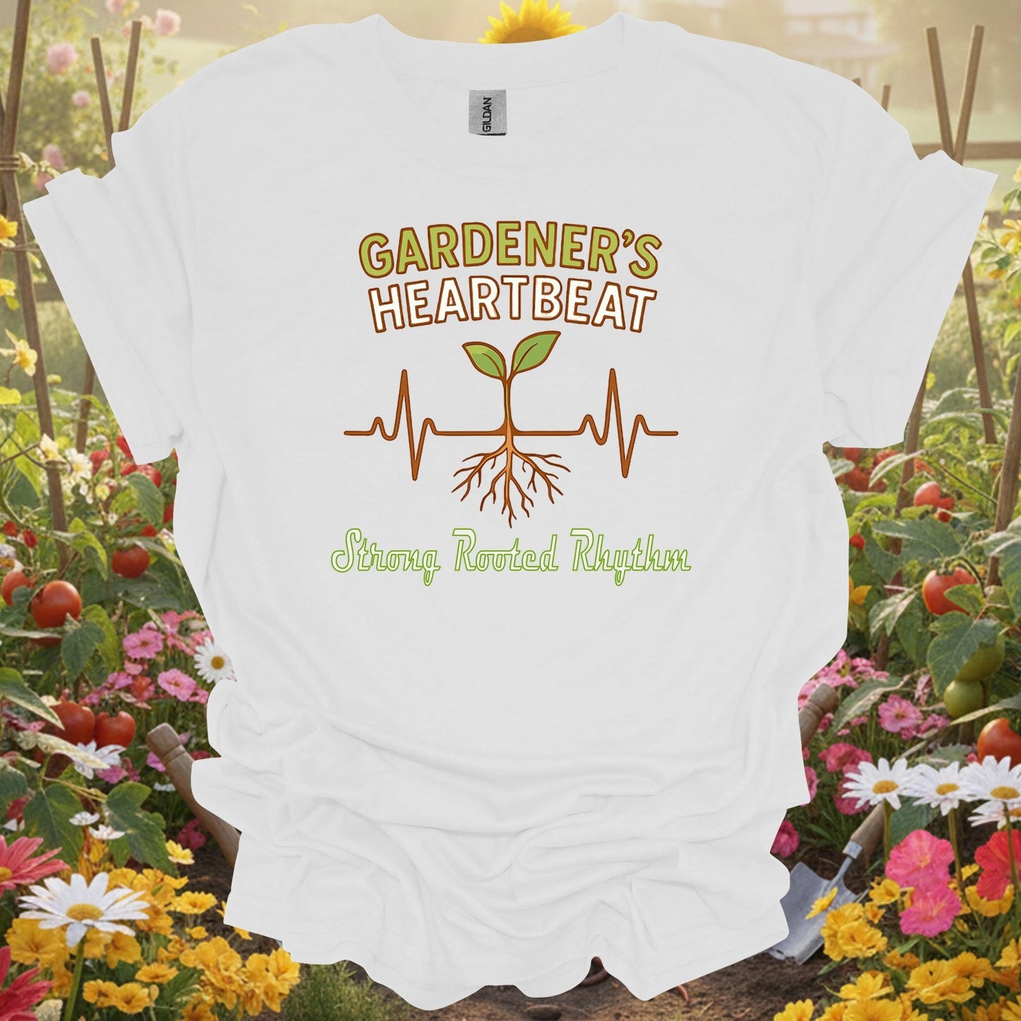 White shirt showing gardeners heartbeat strong rooted rhythm for outdoor enthusiasts