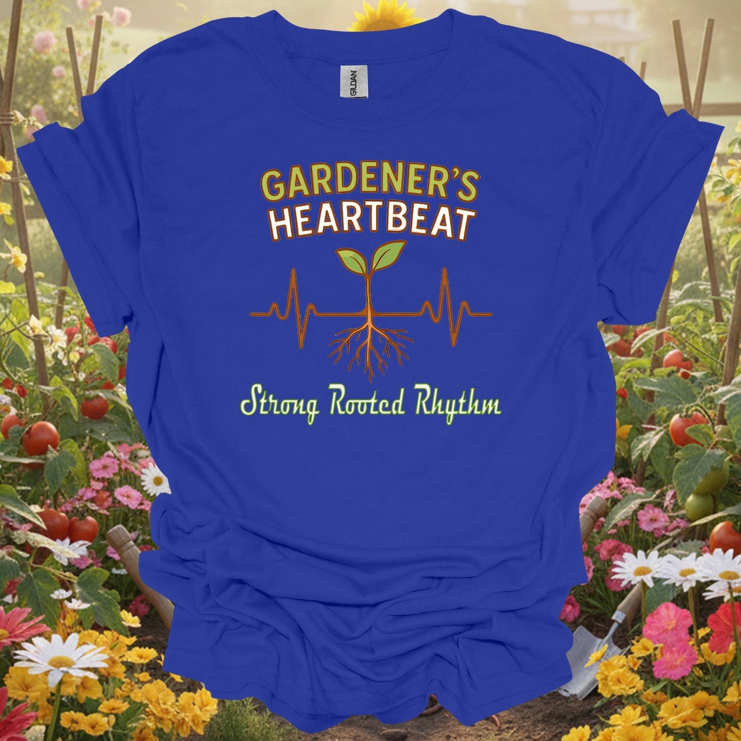 Royal tshirt showing gardeners heartbeat strong rooted rhythm for backyard growers