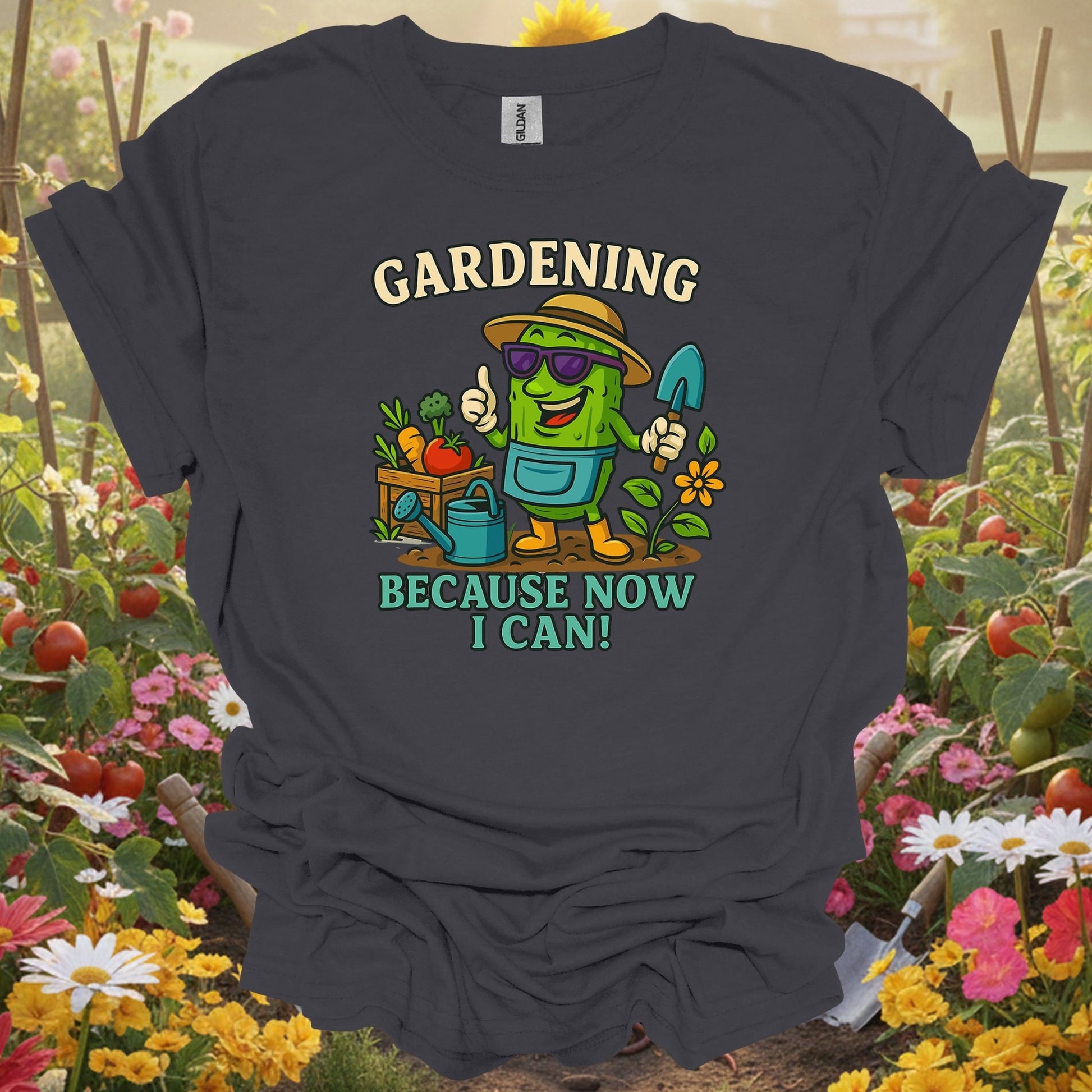 Charcoal tee showing gardening because now i can funny pickle for plant lovers