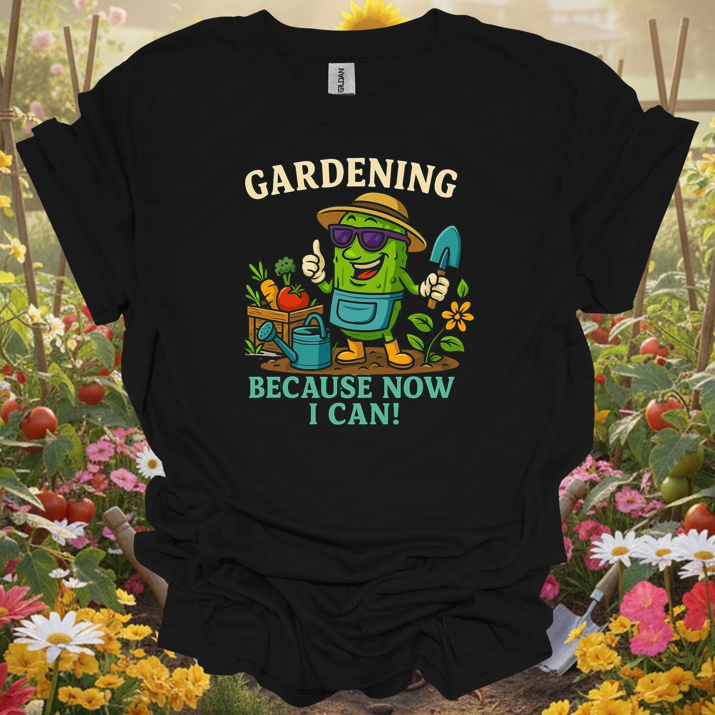 Black shirt showing gardening because now i can funny pickle for outdoor enthusiasts