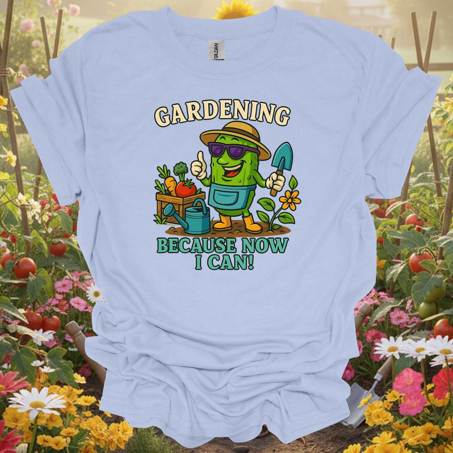 Light Blue shirt showing gardening because now i can funny pickle for home gardeners