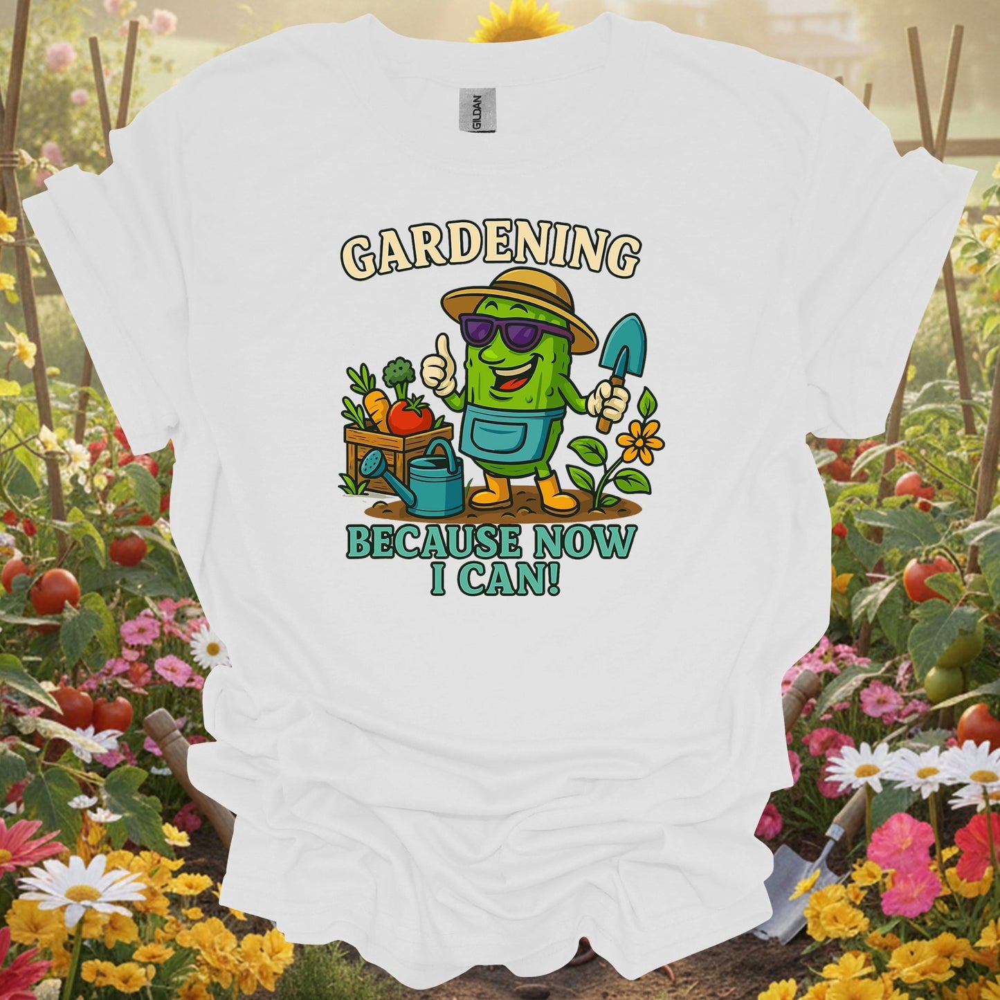 White tee showing gardening because now i can funny pickle for garden hobbyists
