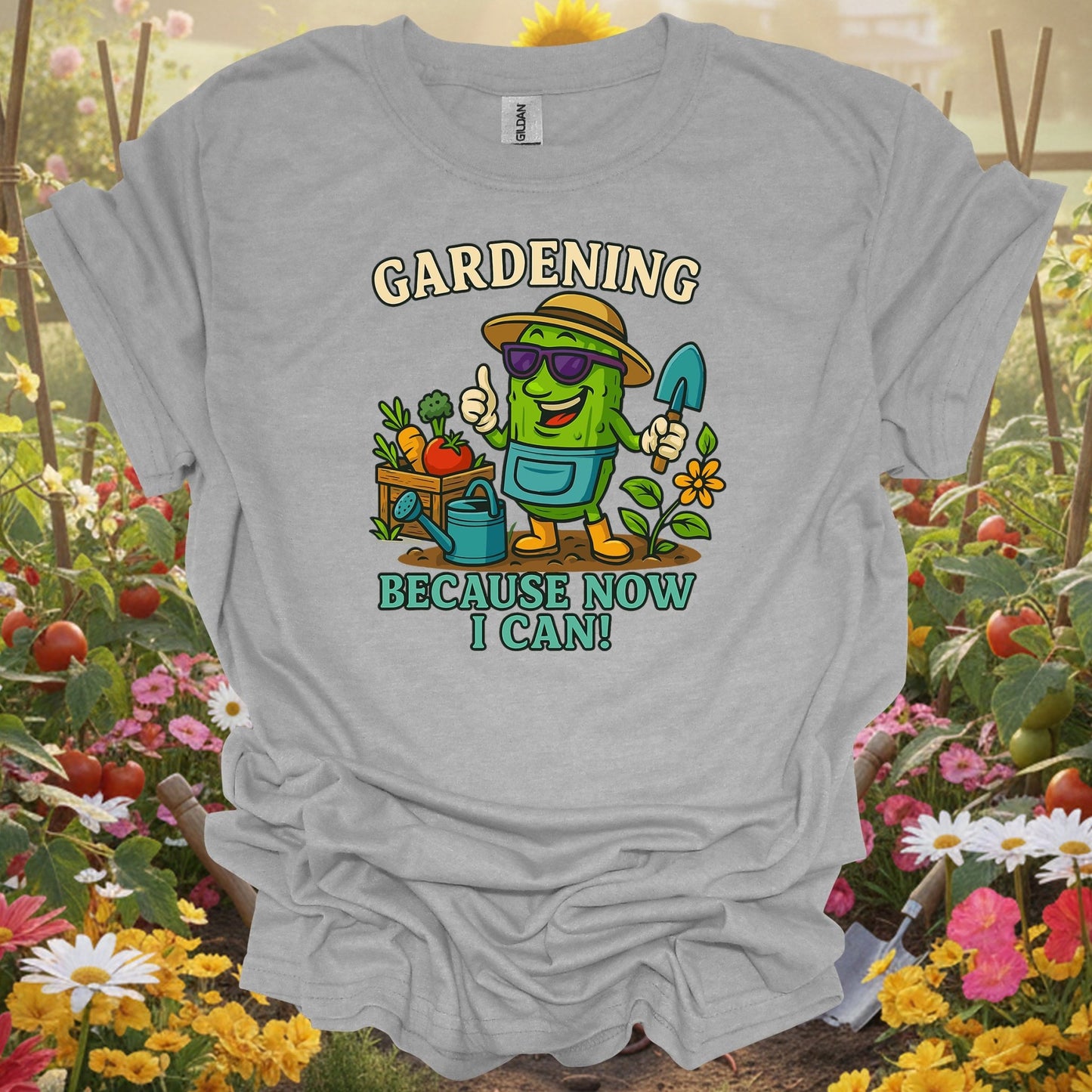 Sport Grey tshirt showing gardening because now i can funny pickle for backyard growers