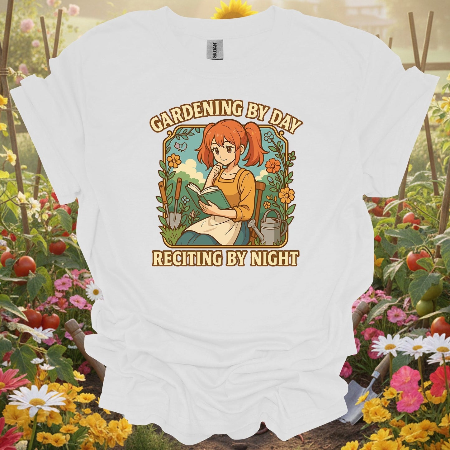 White tee showing gardening by day reciting by night anime for garden hobbyists