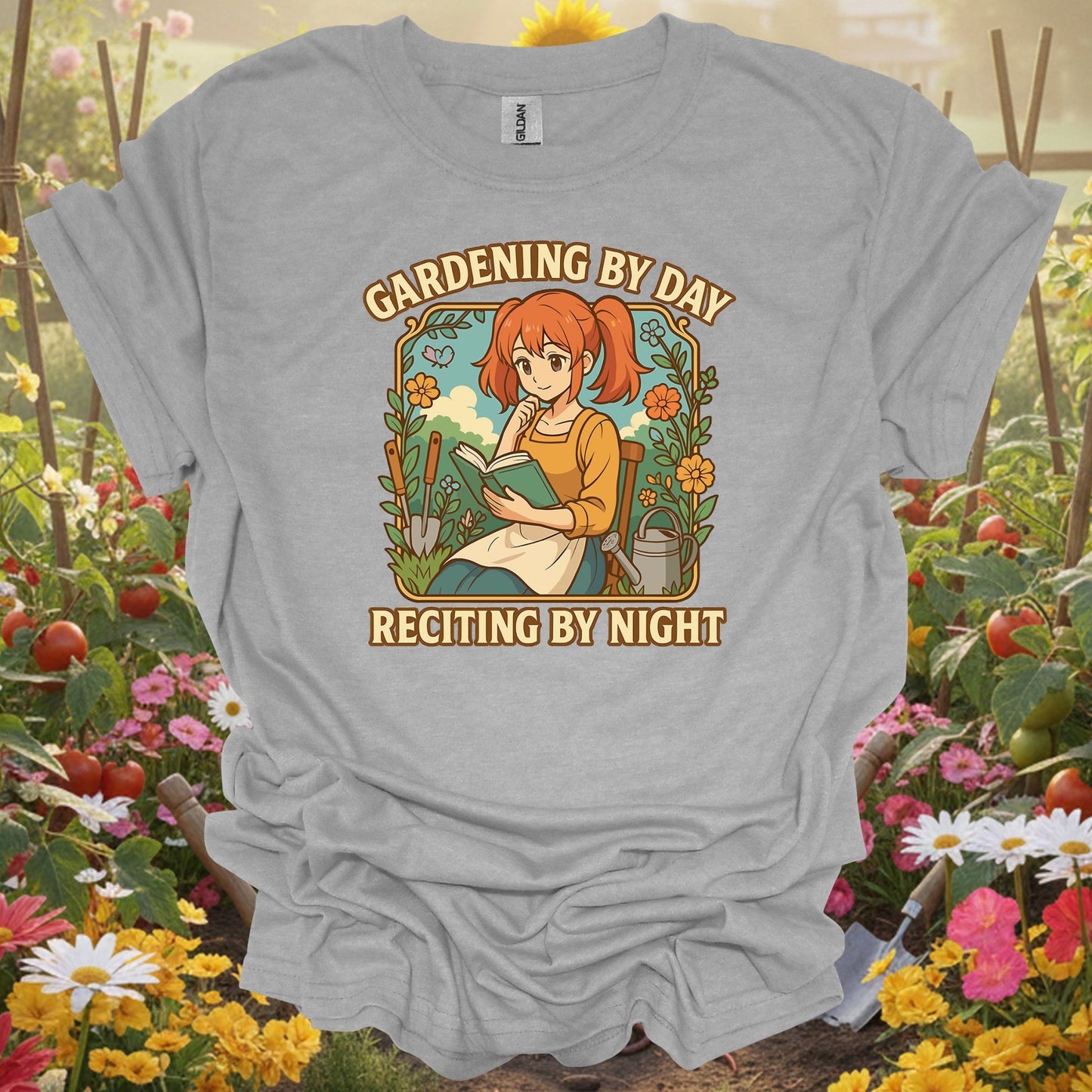 Sport Grey tshirt showing gardening by day reciting by night anime for backyard growers