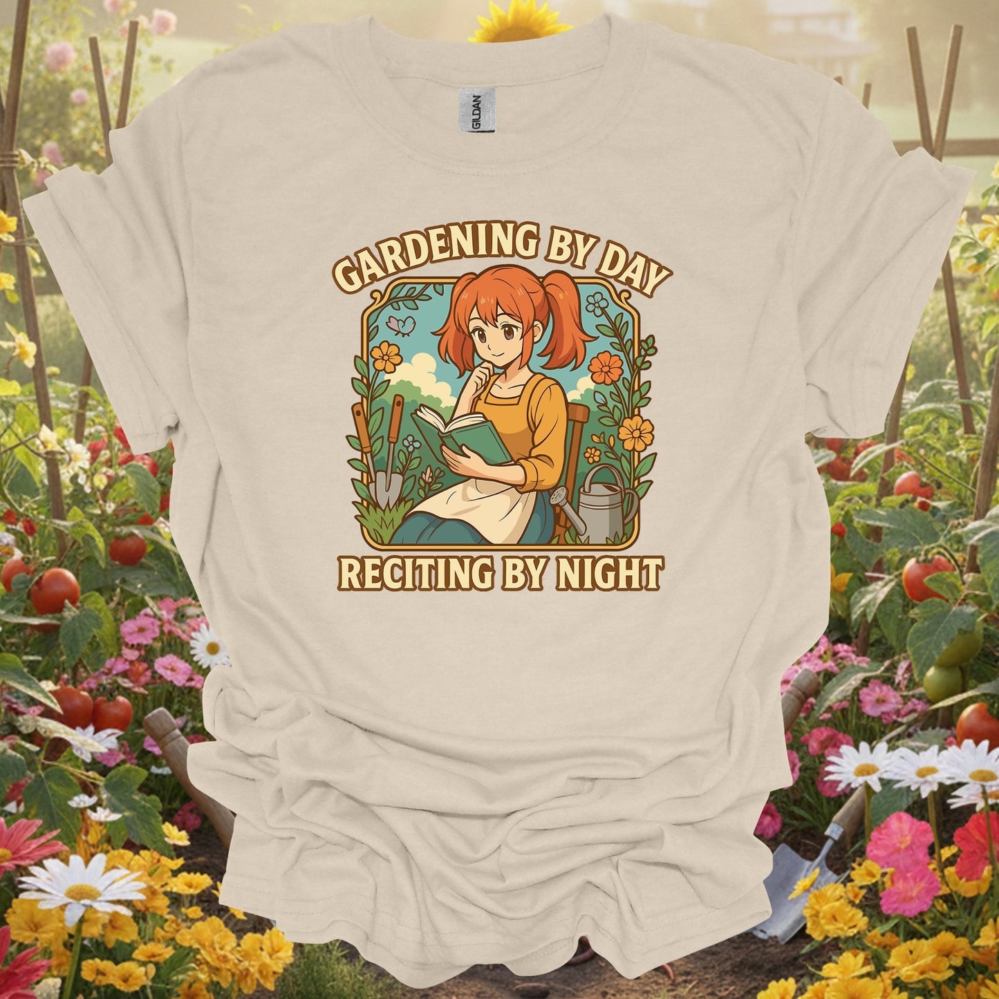 Natural tshirt showing gardening by day reciting by night anime for people who love plants