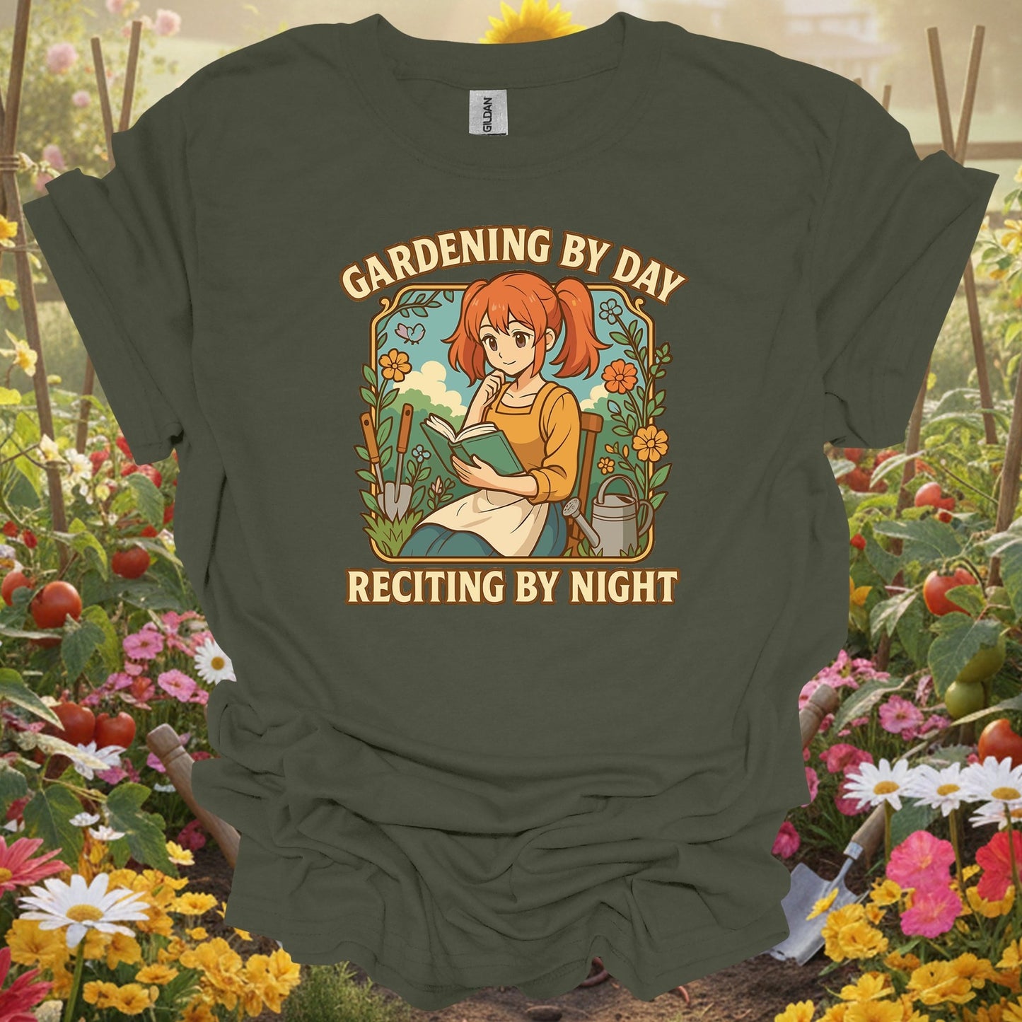Military Green top showing gardening by day reciting by night anime for nature lovers
