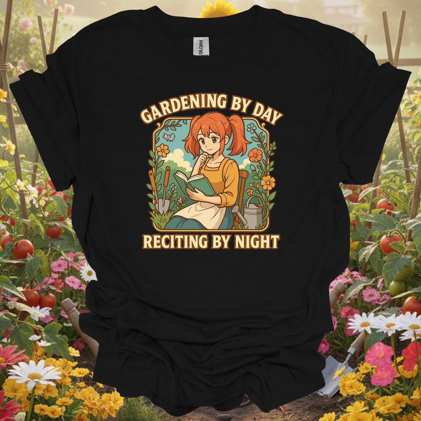 Black shirt showing gardening by day reciting by night anime for outdoor enthusiasts
