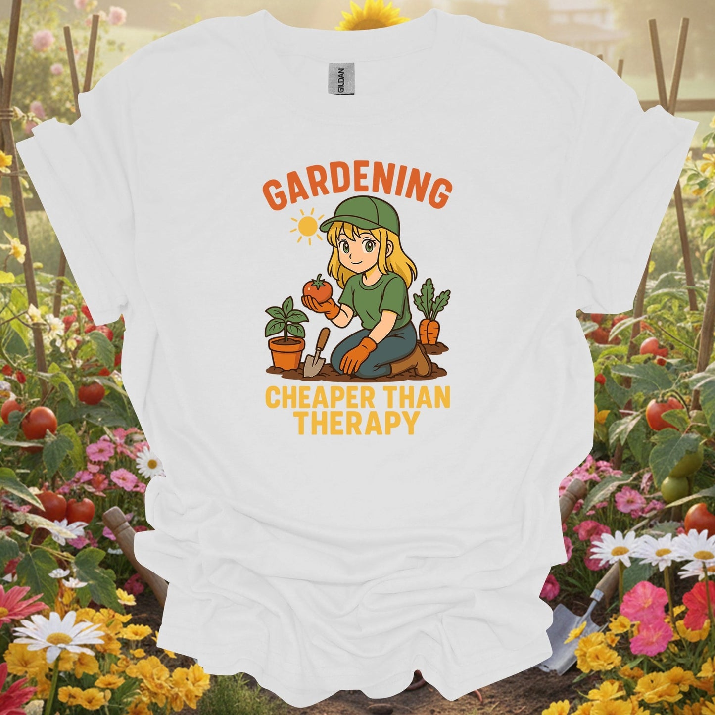 White tee showing gardening cheaper than therapy funny for garden hobbyists