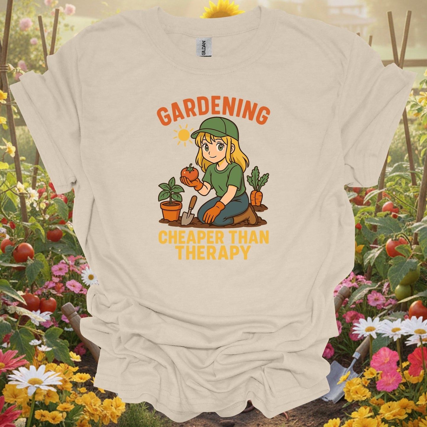 Natural tshirt showing gardening cheaper than therapy funny for people who love plants