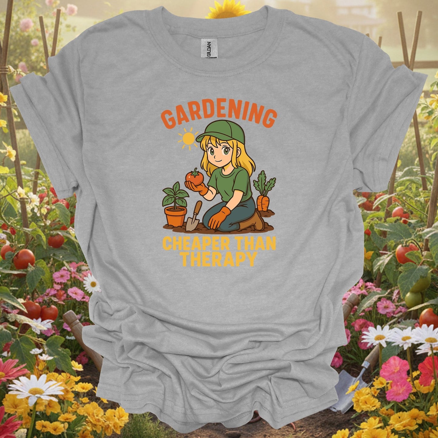 Sport Grey tshirt showing gardening cheaper than therapy funny for backyard growers