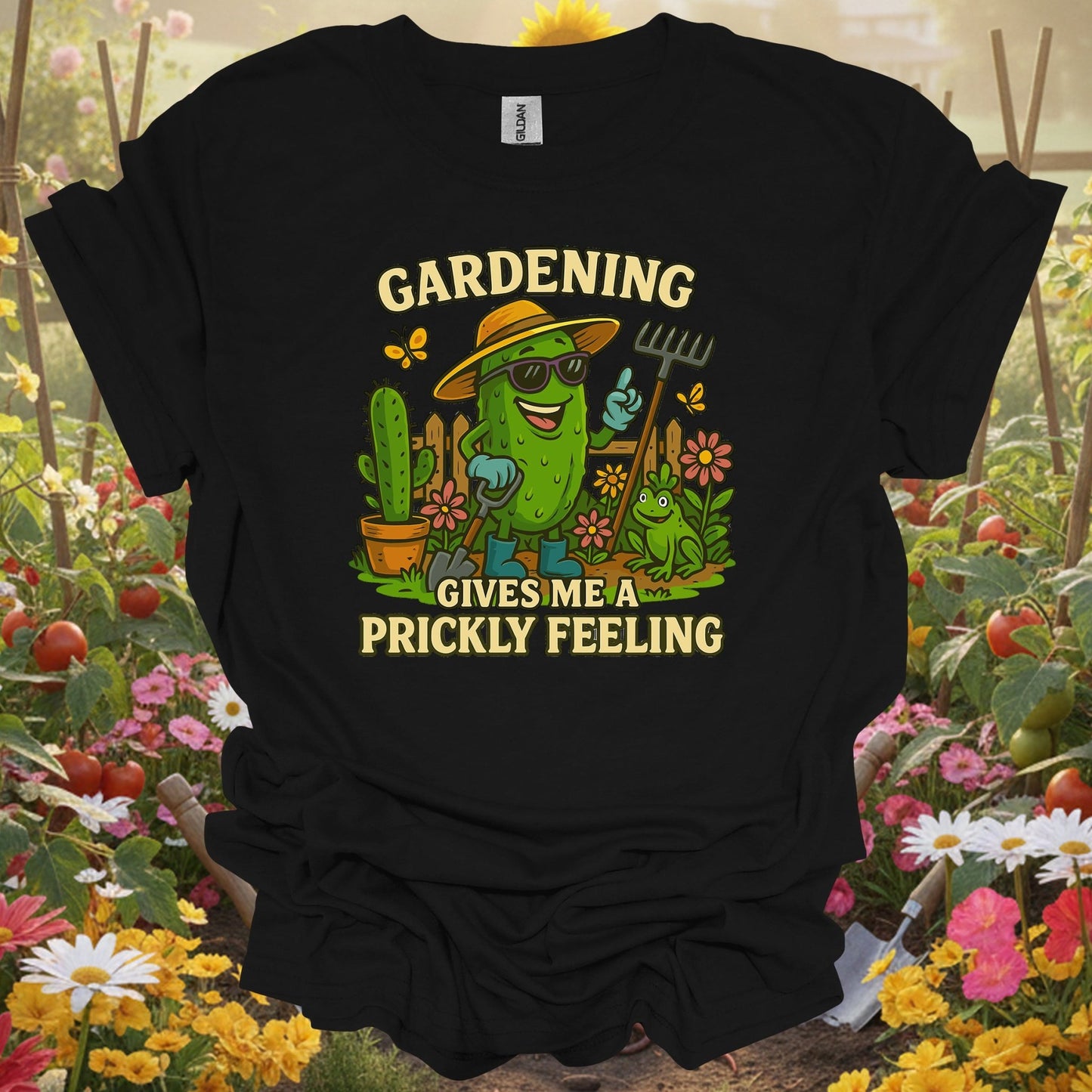 Black shirt showing gardening gives me a prickly feeling funny pickle for outdoor enthusiasts