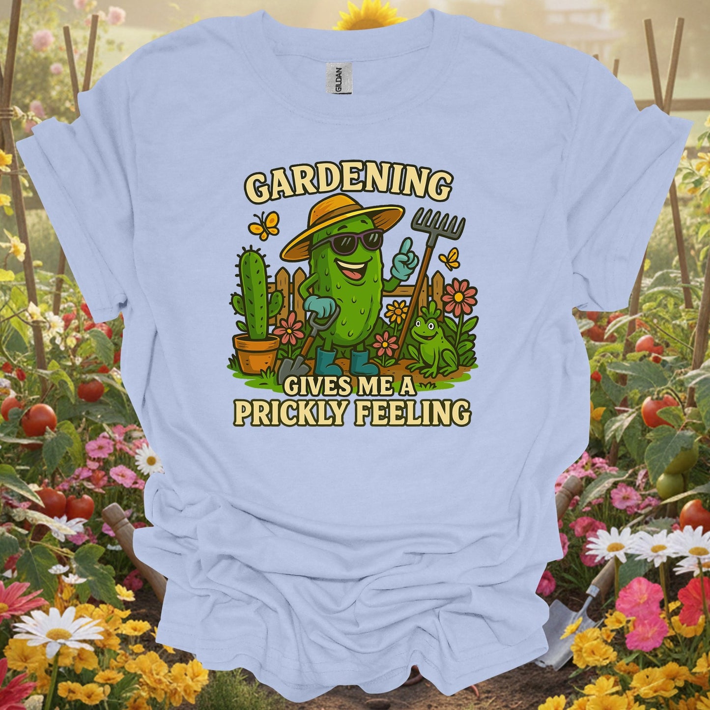 Light Blue shirt showing gardening gives me a prickly feeling funny pickle for home gardeners