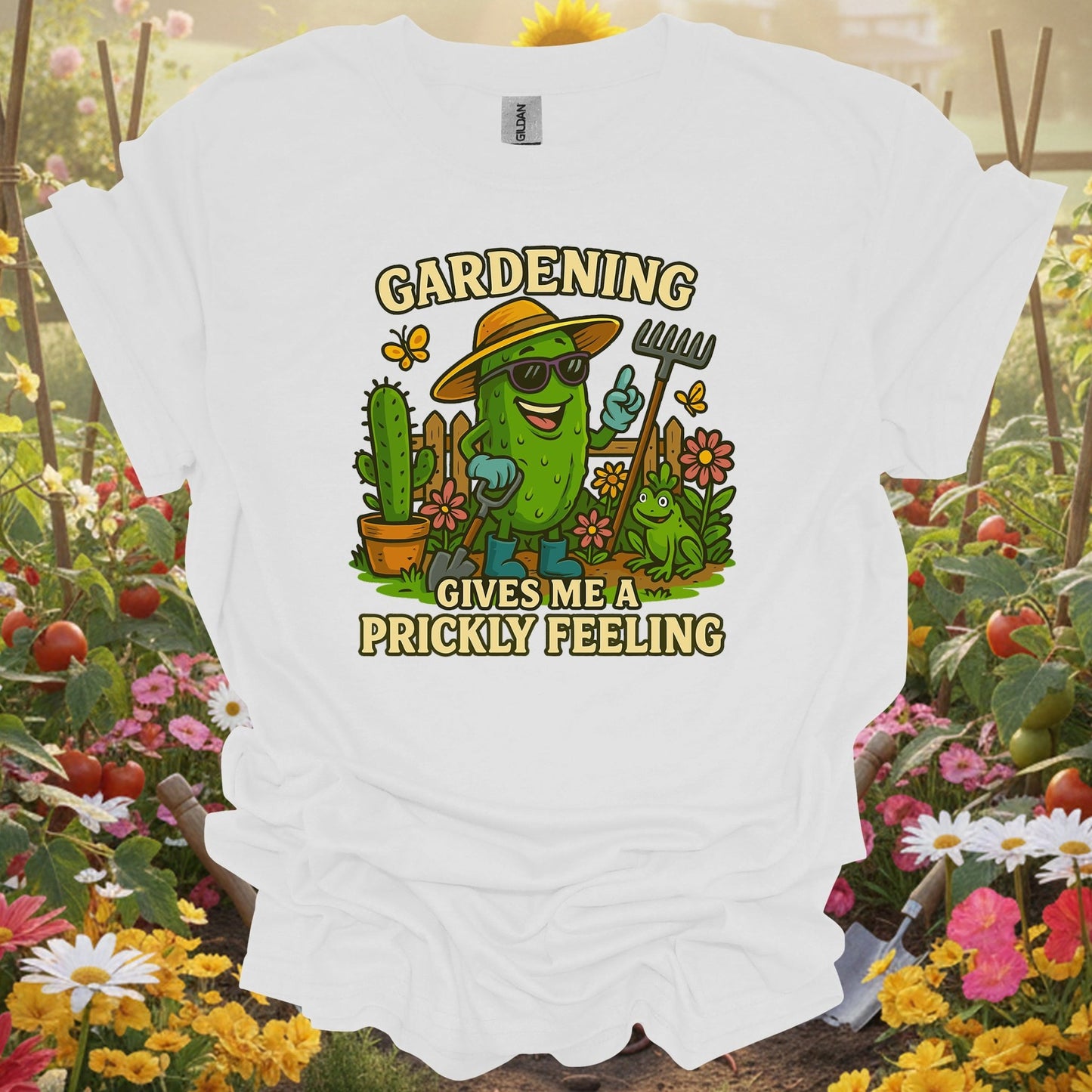 White tee showing gardening gives me a prickly feeling funny pickle for garden hobbyists