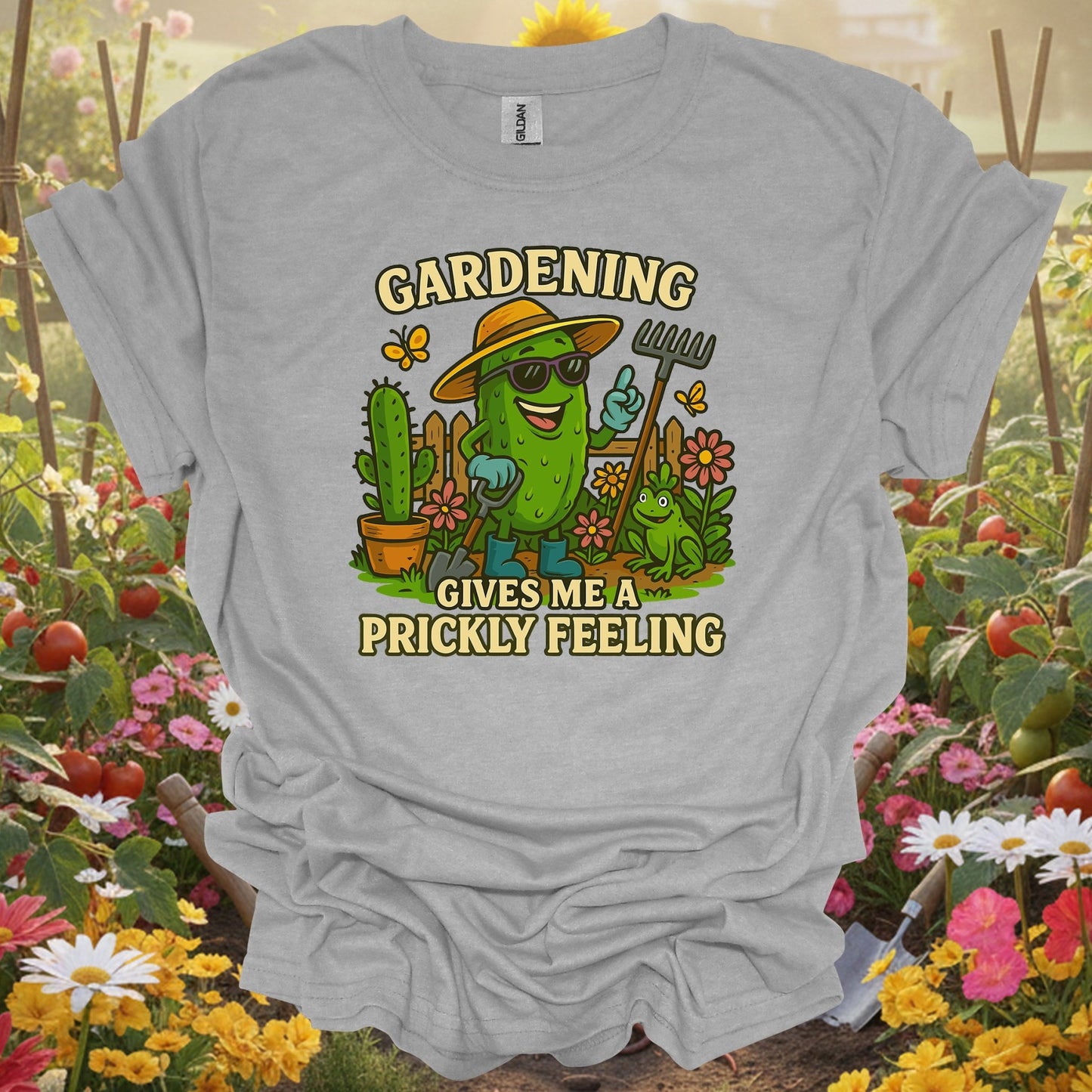 Sport Grey tshirt showing gardening gives me a prickly feeling funny pickle for backyard growers
