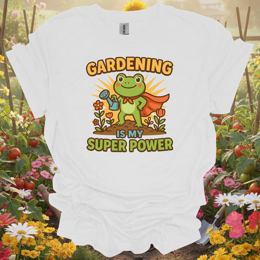 White tshirt showing gardening is my super power motivated frog for gardening enthusiasts
