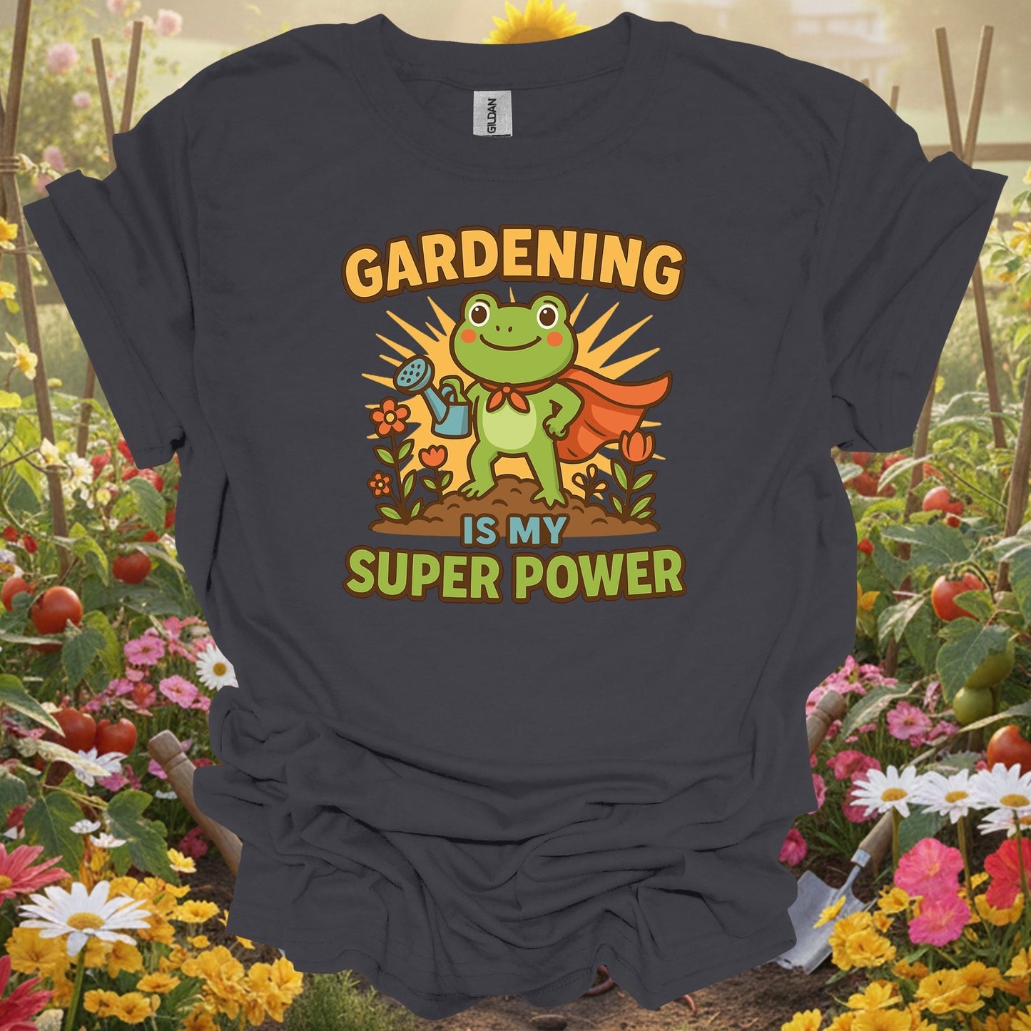 Charcoal tee showing gardening is my super power motivated frog for plant lovers