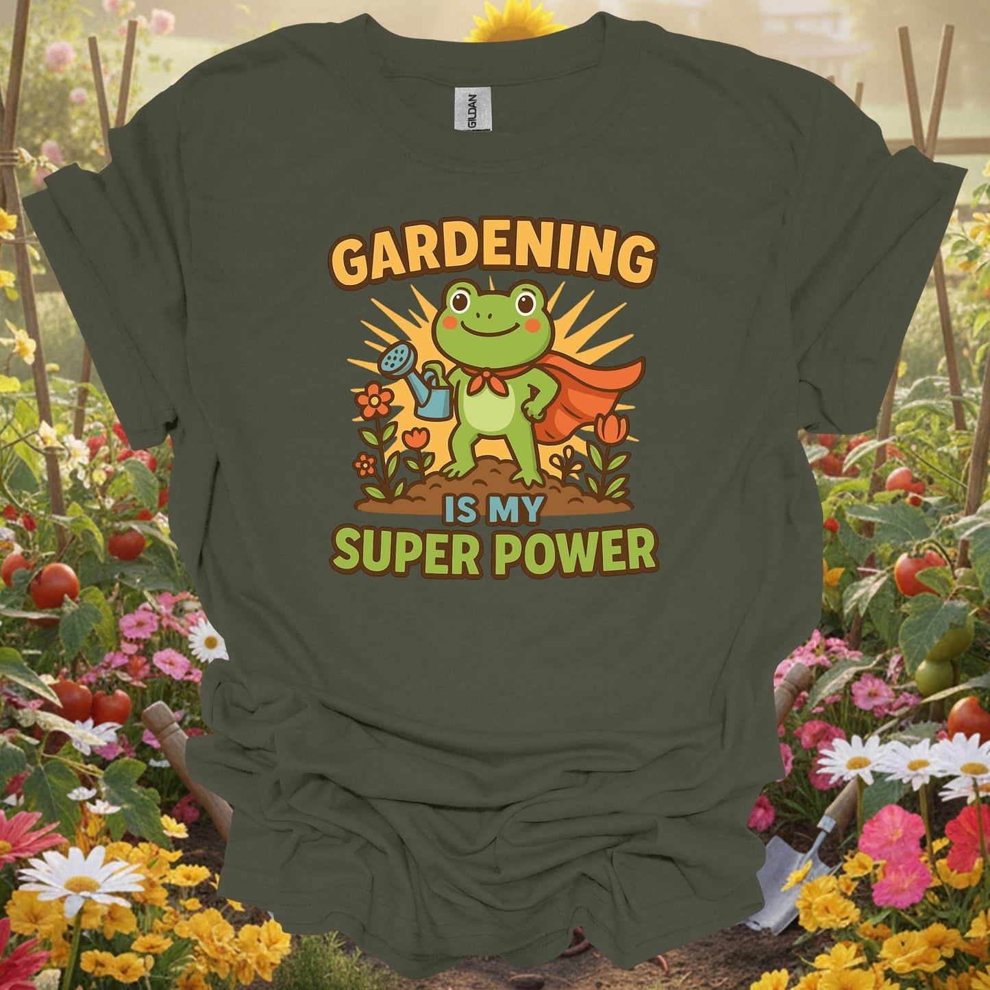 Military Green top showing gardening is my super power motivated frog for nature lovers