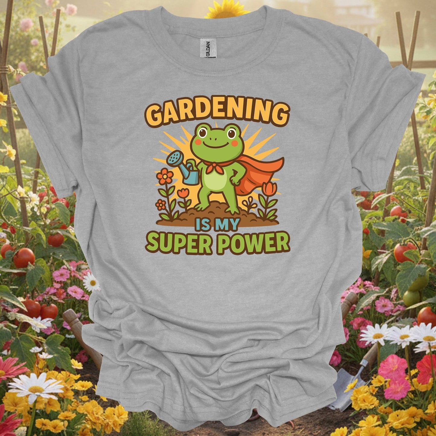 Sport Grey tee showing gardening is my super power motivated frog for garden hobbyists