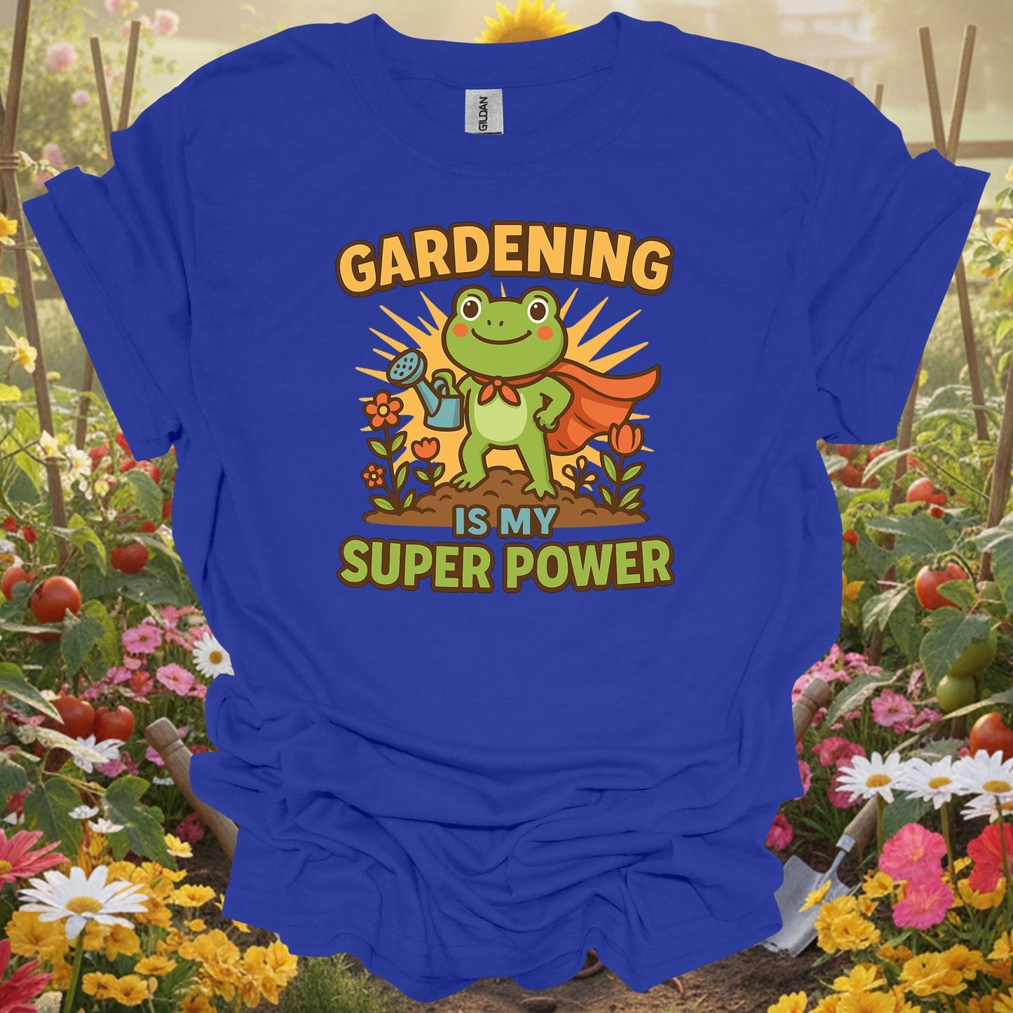 Royal tshirt showing gardening is my super power motivated frog for backyard growers