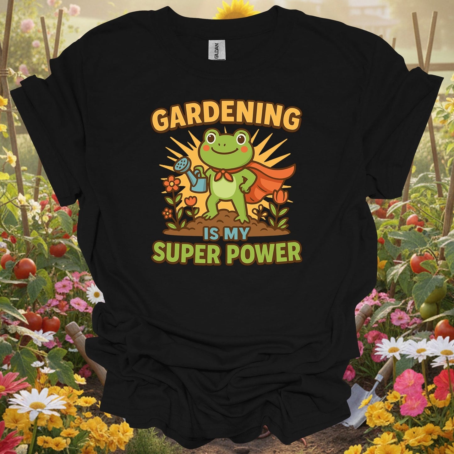 Black shirt showing gardening is my super power motivated frog for outdoor enthusiasts