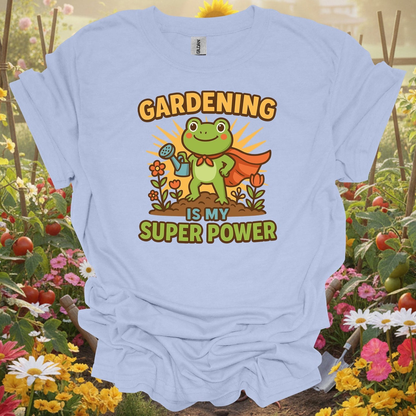 Light Blue shirt showing gardening is my super power motivated frog for home gardeners