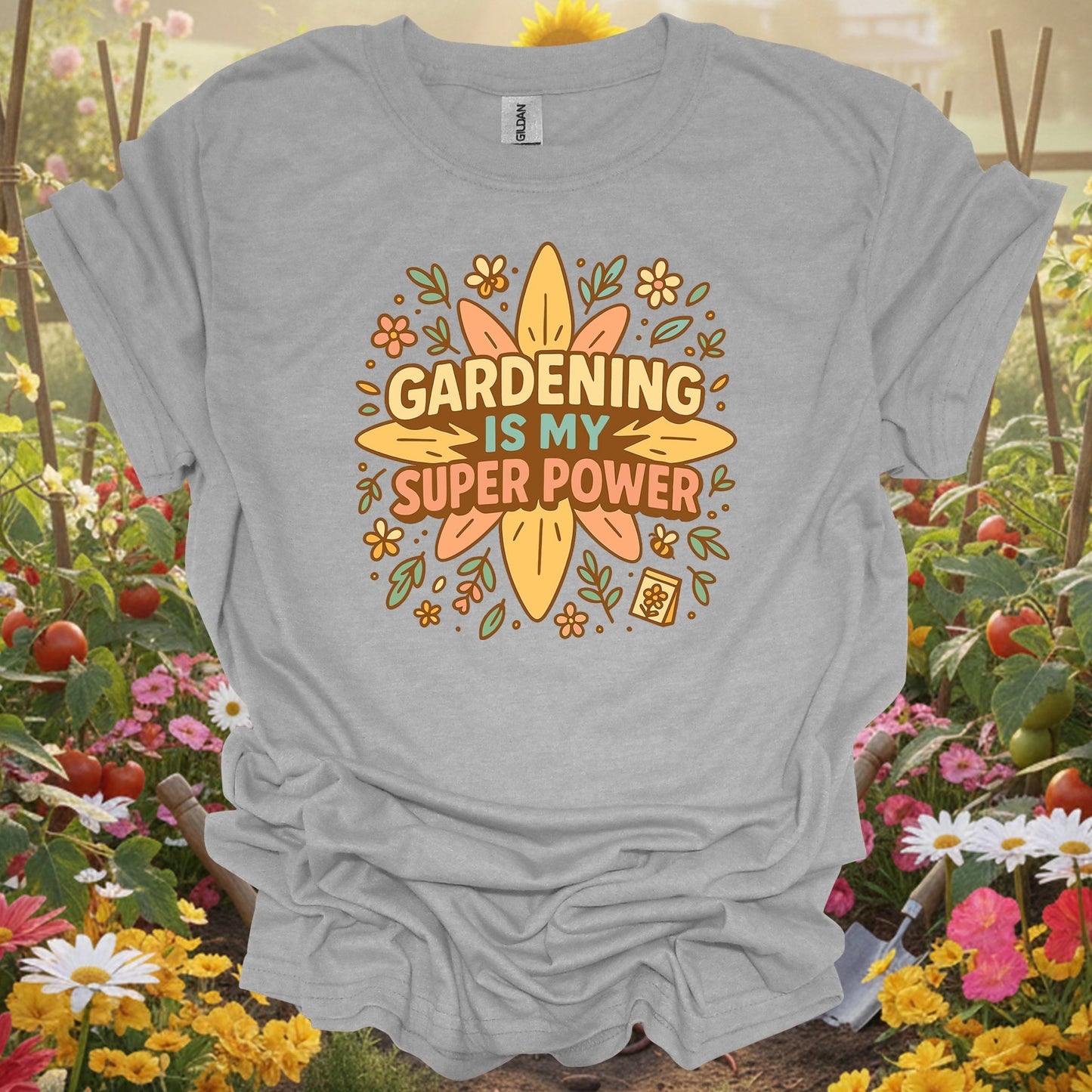 Sport Grey tee showing gardening is my super power retro groovy for garden hobbyists