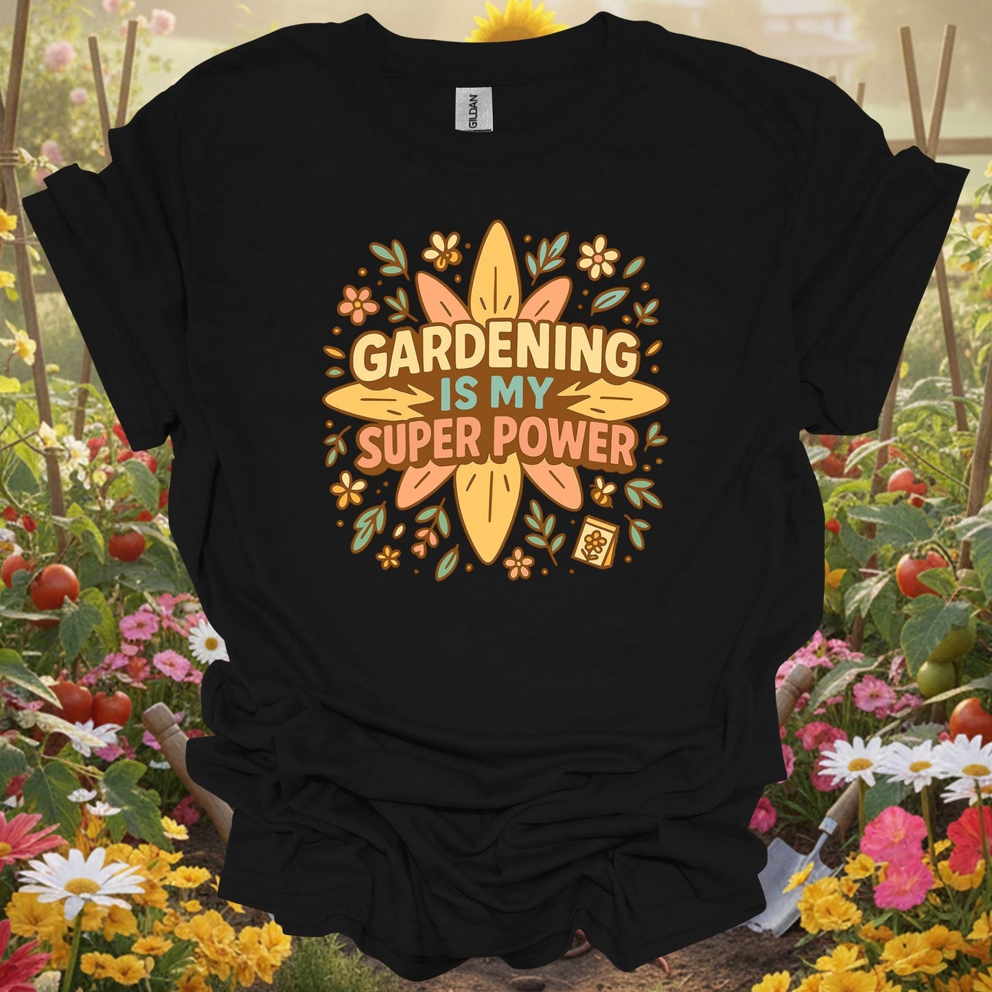 Black shirt showing gardening is my super power retro groovy for outdoor enthusiasts