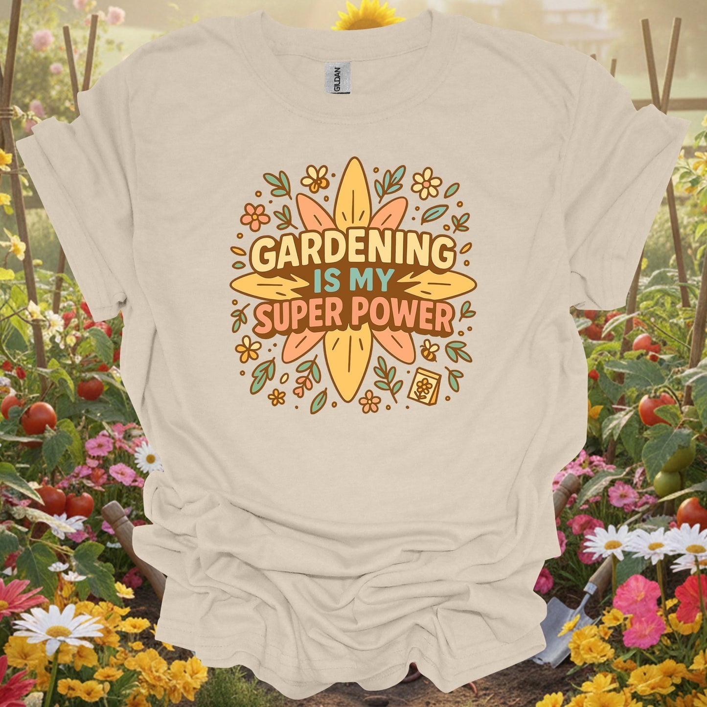 Natural tshirt showing gardening is my super power retro groovy for people who love plants