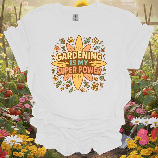 White tshirt showing gardening is my super power retro groovy for gardening enthusiasts