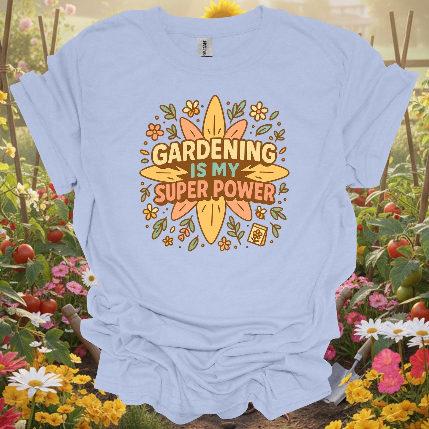 Light Blue shirt showing gardening is my super power retro groovy for home gardeners