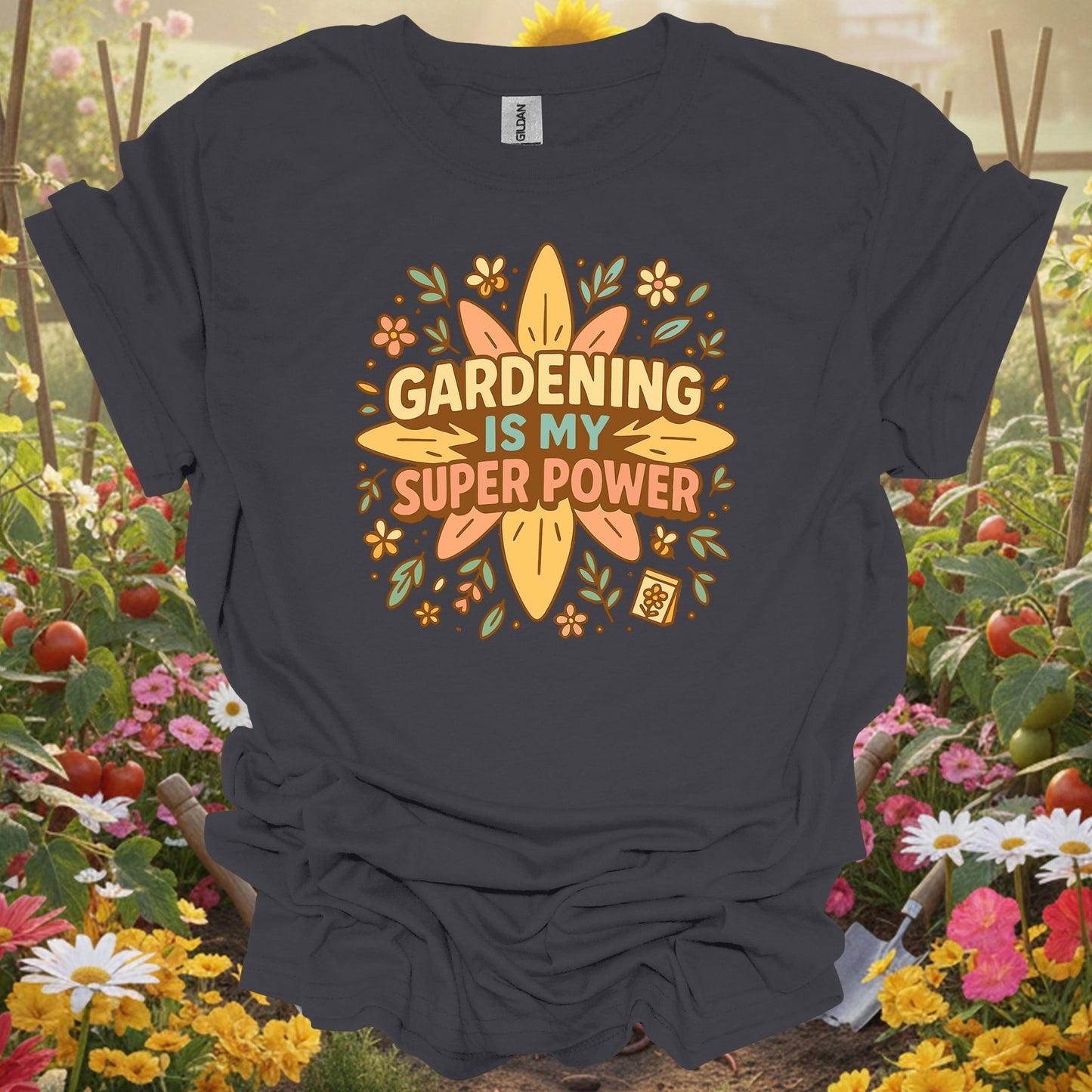 Charcoal tee showing gardening is my super power retro groovy for plant lovers