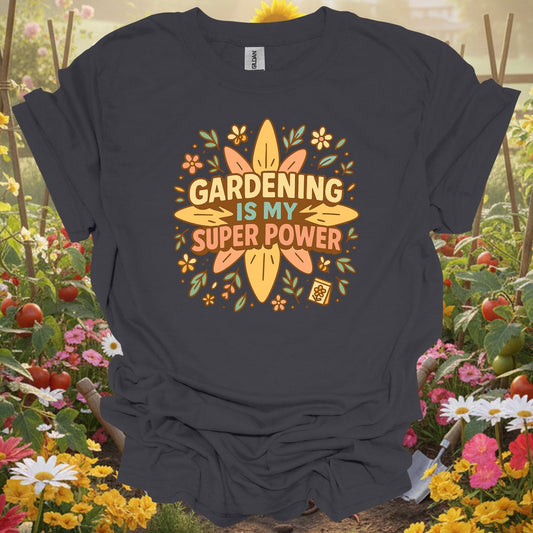 Charcoal tee showing gardening is my super power retro groovy for plant lovers