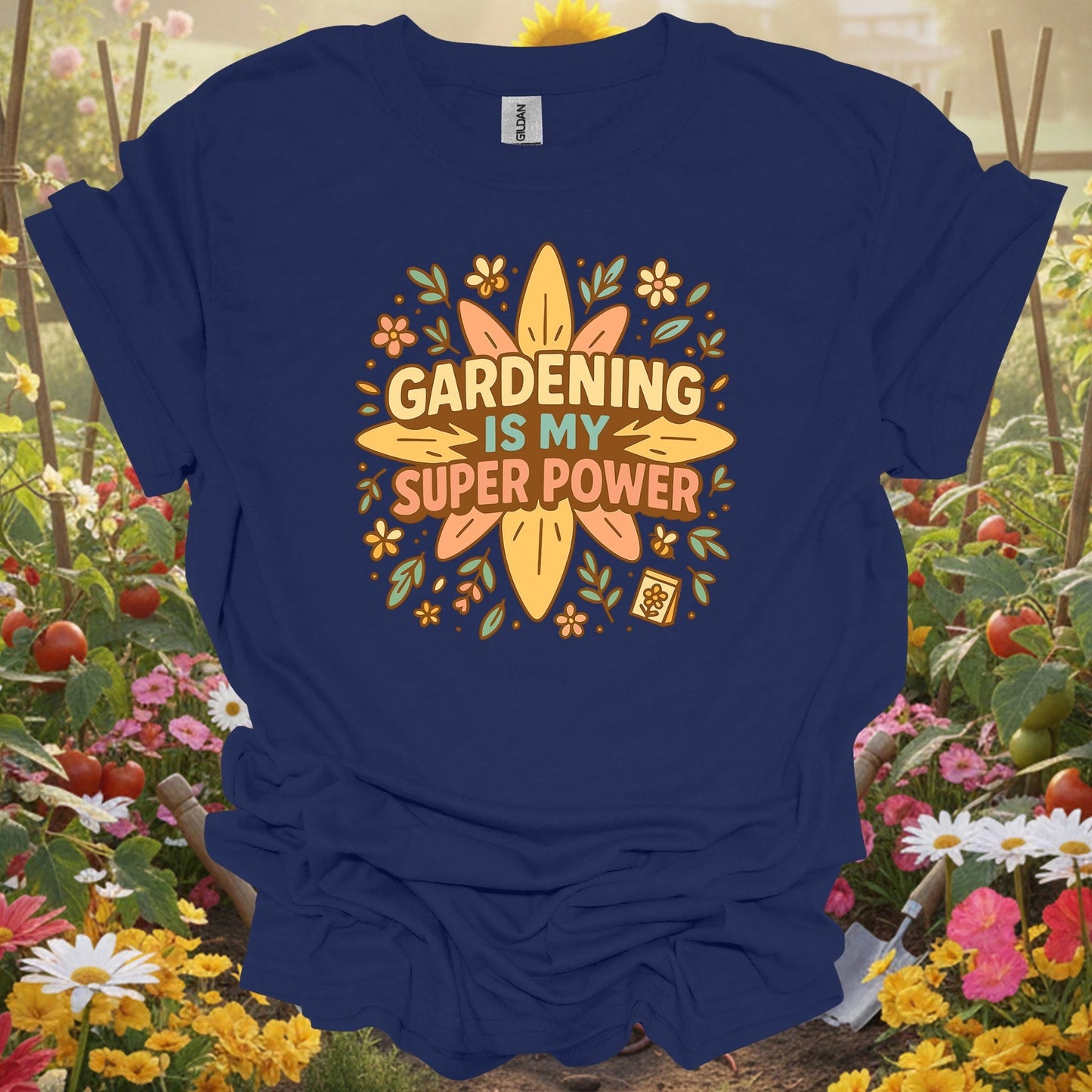Navy top showing gardening is my super power retro groovy for green thumb folks