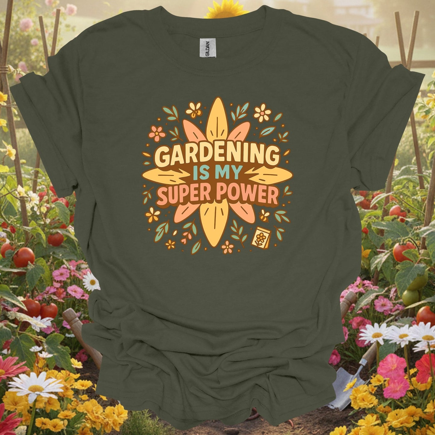 Military Green top showing gardening is my super power retro groovy for nature lovers