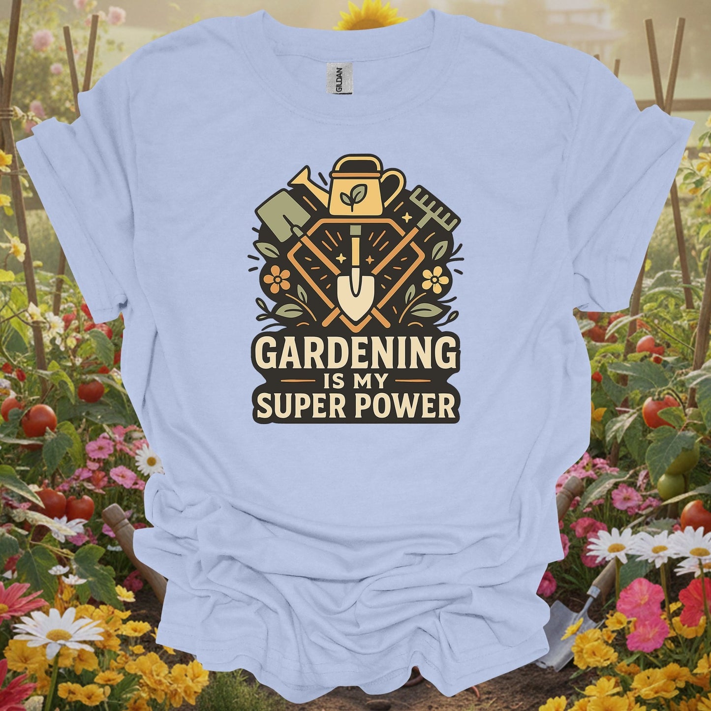 Light Blue shirt with a botanical heraldry theme making a perfect gift T-shirt for any dedicated grower or plant hero.