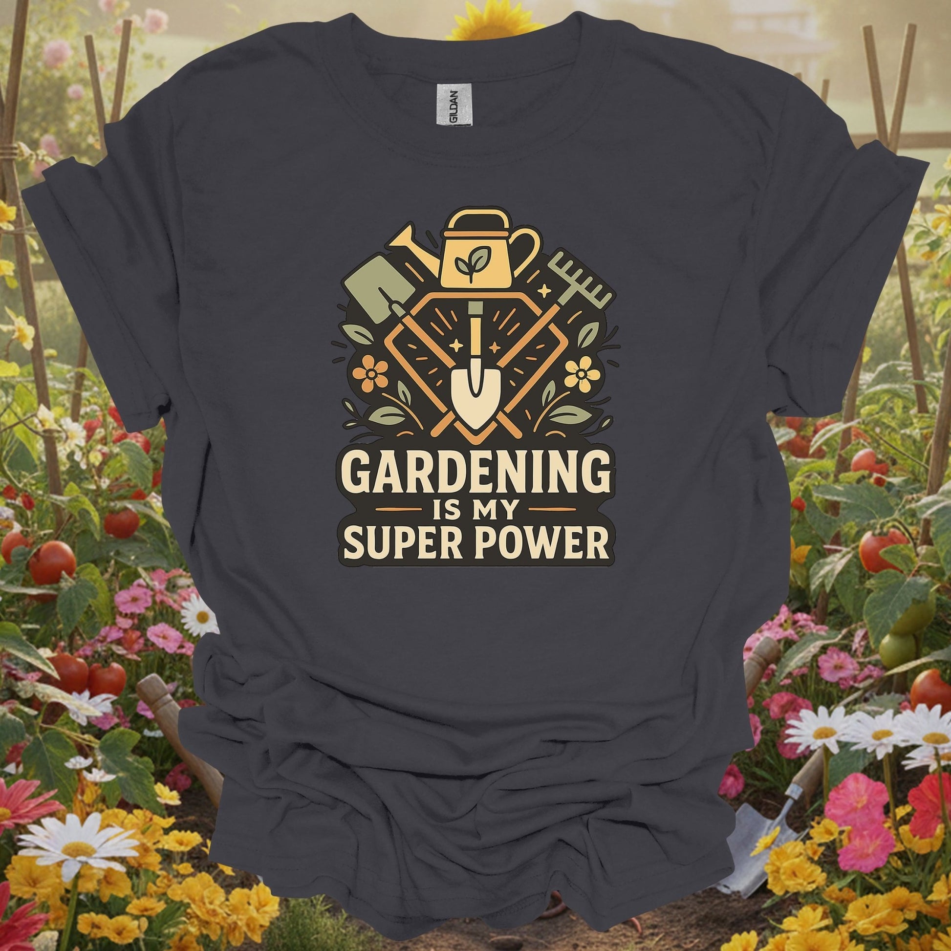 Charcoal tee featuring a garden tool emblem design that celebrates your unique gardening super power on a comfortable T-shirt.