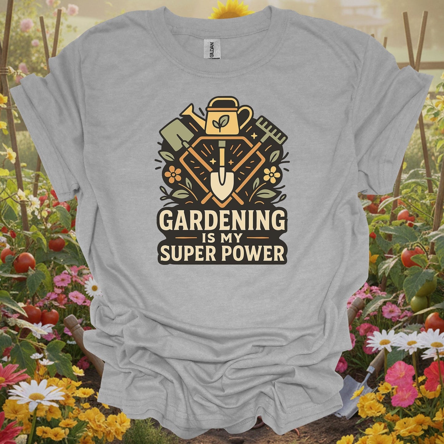 Sport Gray T-shirt with a detailed botanical tool illustration perfect for sustainable living enthusiasts and hobbyists.