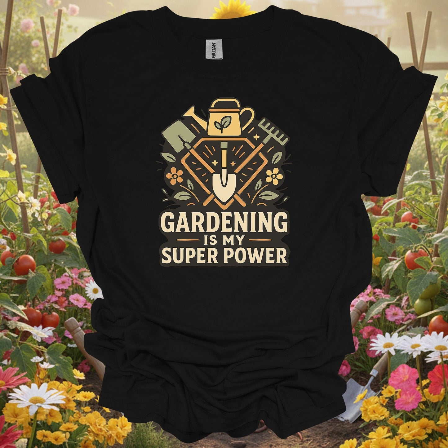 Black t-shirt with a vibrant garden hero theme that fits a modern slow-living garden lifestyle and aesthetic.