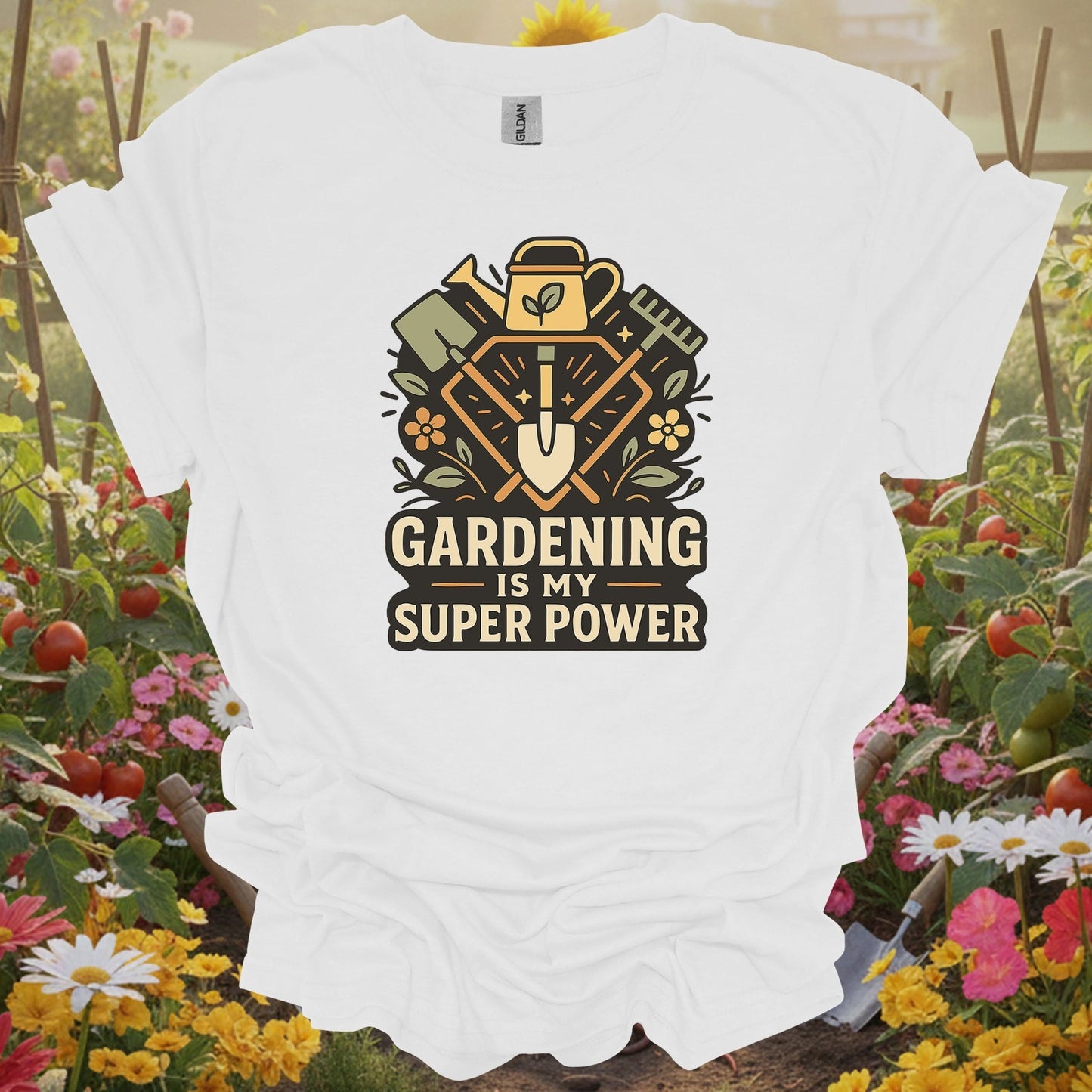 White shirt featuring a nostalgic super power design on a classic tee for anyone who finds joy in their garden beds.