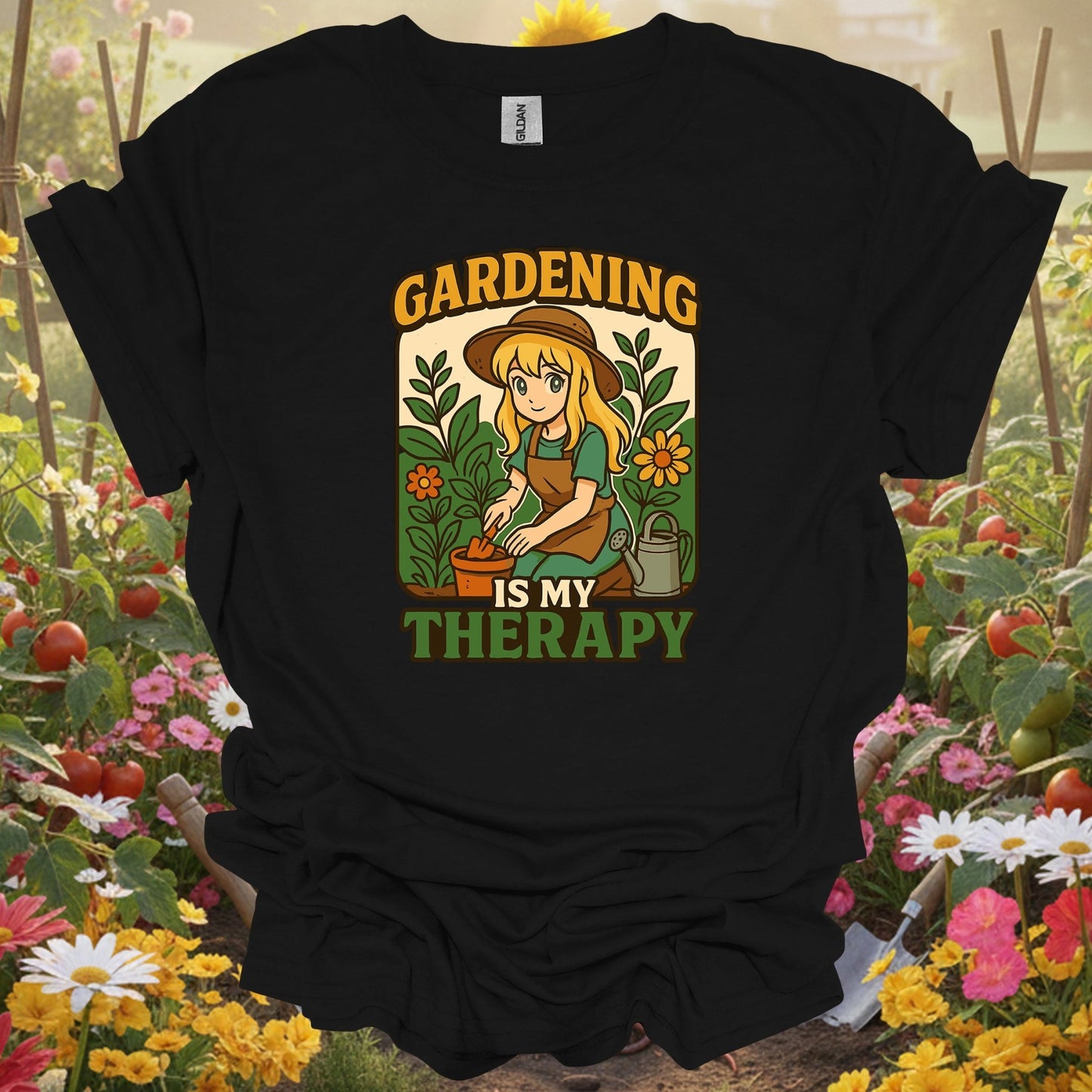 Black shirt showing gardening is my therapy anime planting for outdoor enthusiasts