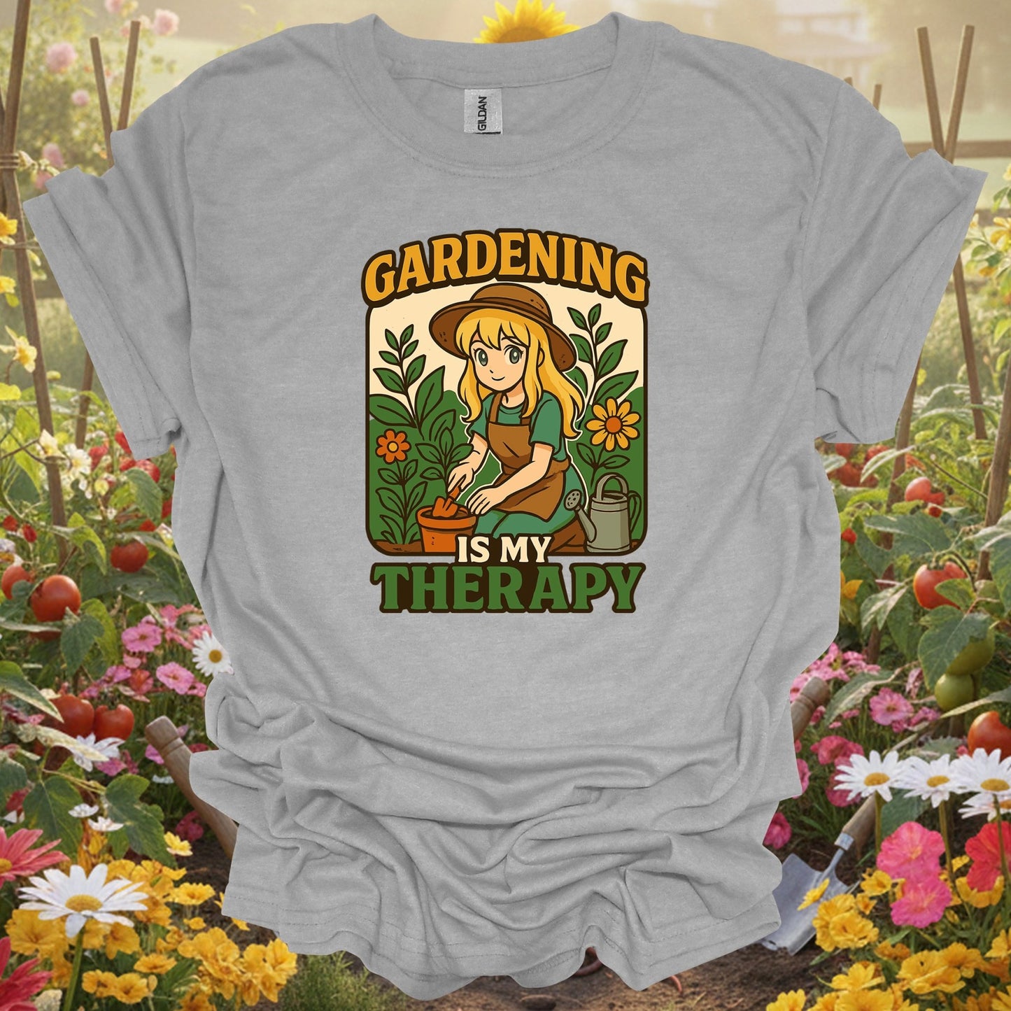 Sport Grey tshirt showing gardening is my therapy anime planting for backyard growers