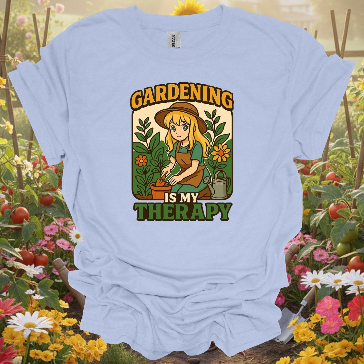 Light Blue tee showing gardening is my therapy anime planting for plant lovers