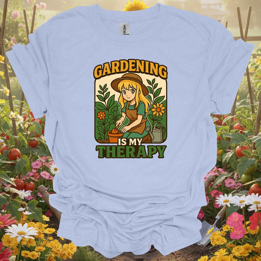 Light Blue tee showing gardening is my therapy anime planting for plant lovers