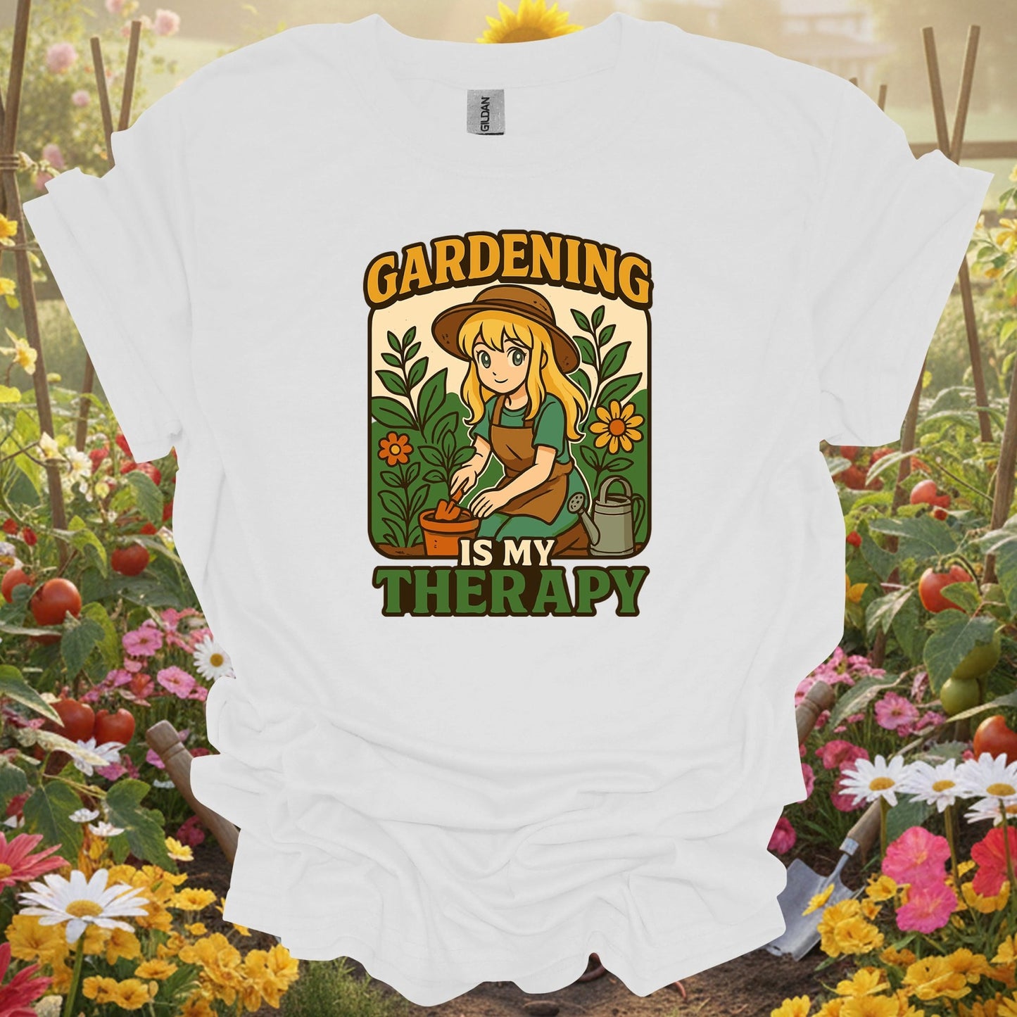 White tee showing gardening is my therapy anime planting for garden hobbyists