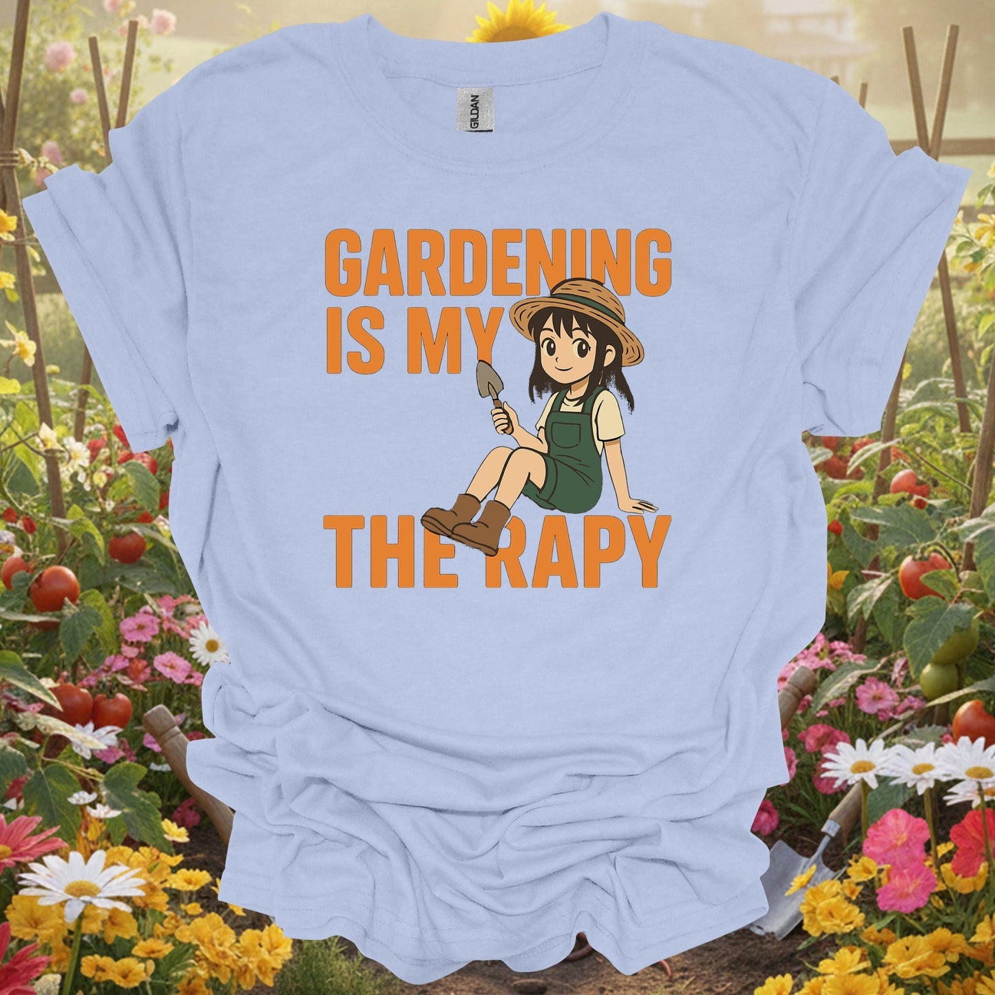 Light Blue shirt showing gardening is my therapy anime for home gardeners