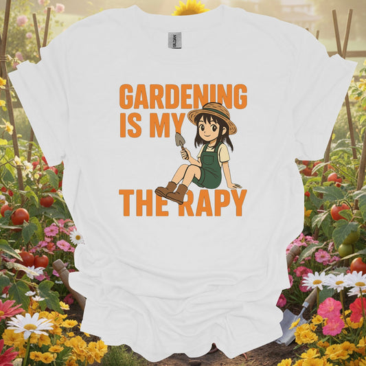 White tshirt showing gardening is my therapy anime for gardening enthusiasts