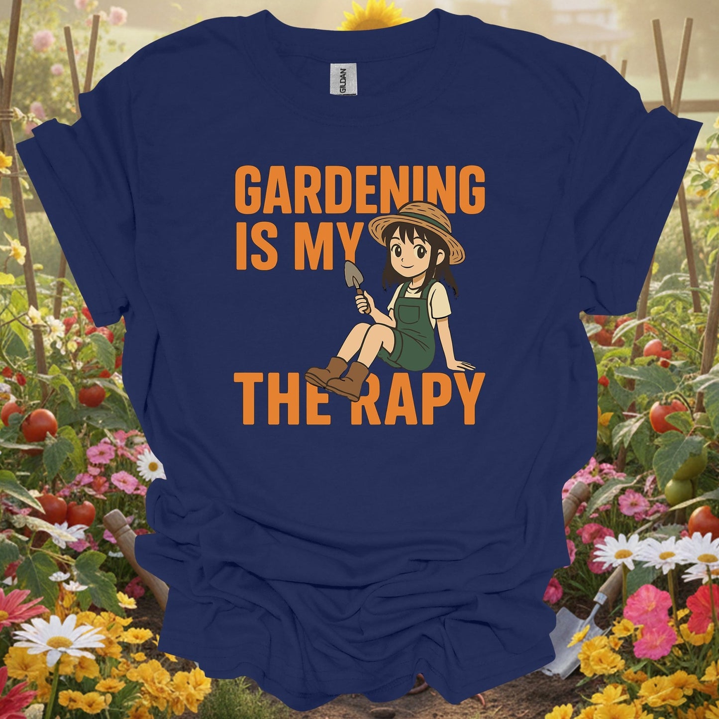 Navy top showing gardening is my therapy anime for green thumb folks