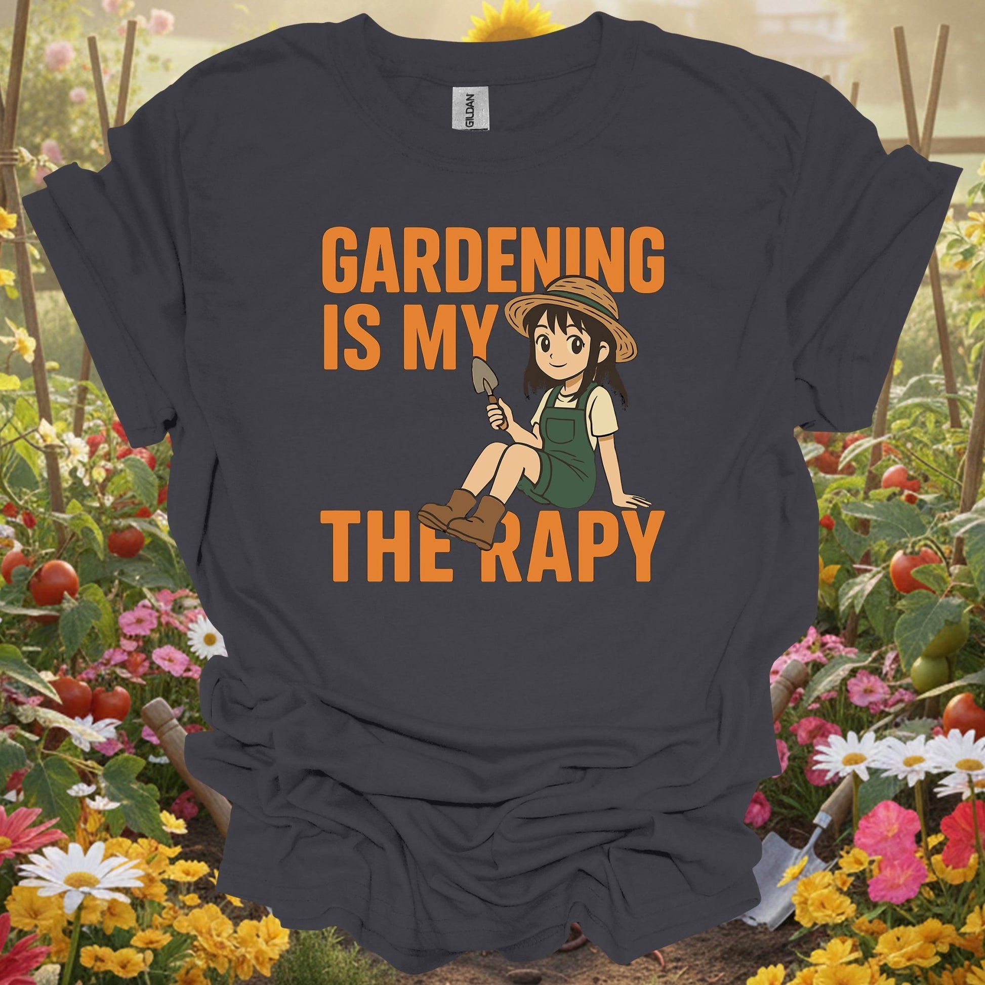 Charcoal tee showing gardening is my therapy anime for plant lovers