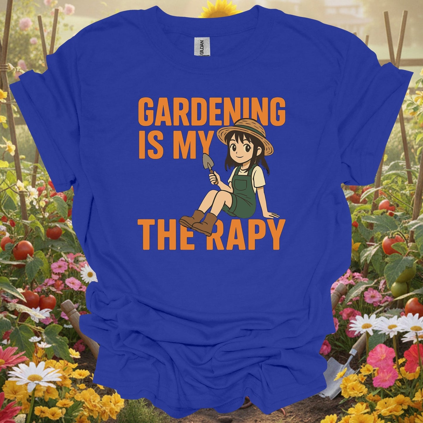 Royal tshirt showing gardening is my therapy anime for backyard growers